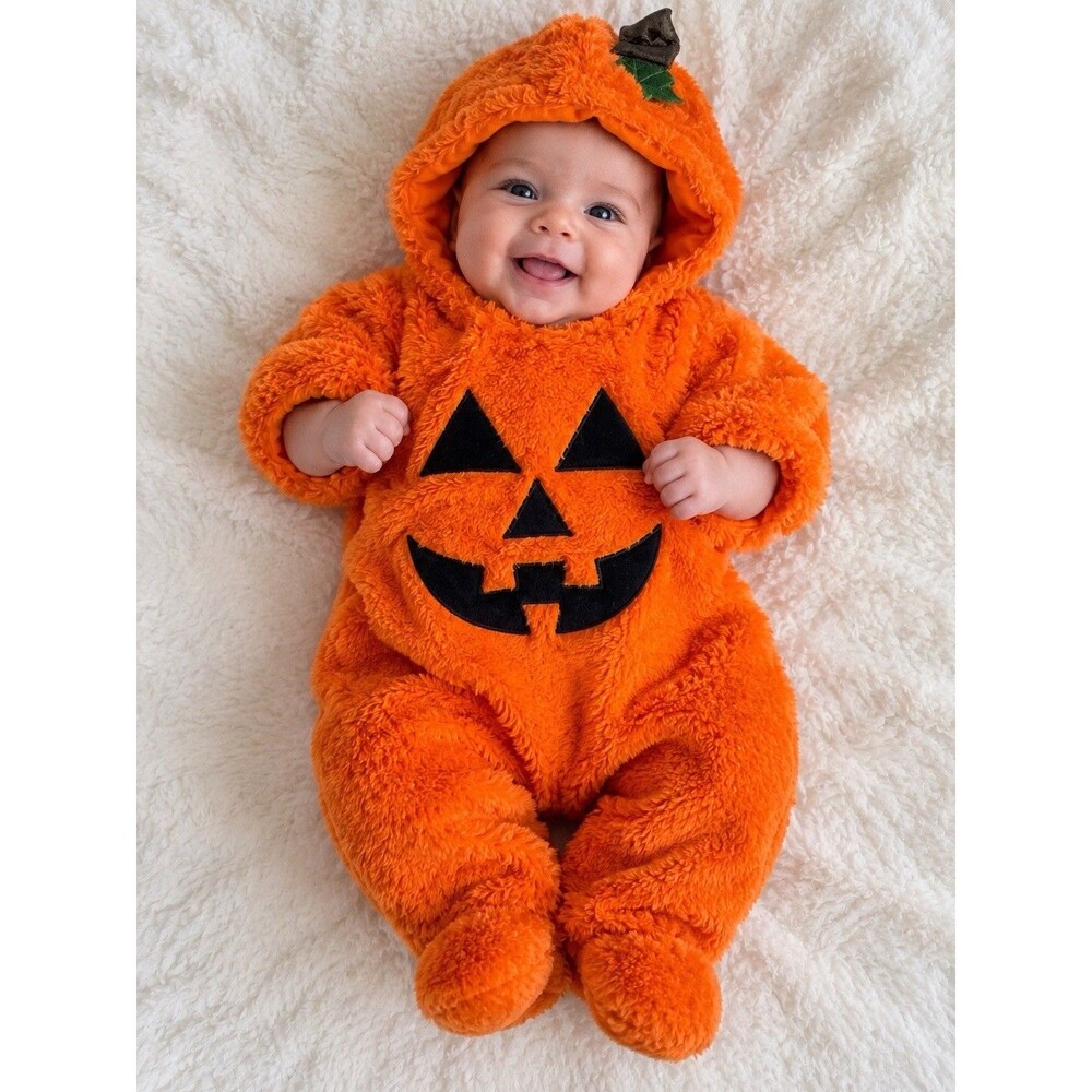 Spirit Halloween Baby Bunting Jack-O'-Lantern Costume Pumpkin Orange Fuzzy 0-6M